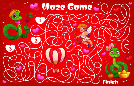Labyrinth maze game with valentines day cherub cupid and lovely snake characters. Love holiday labyrinth quiz vector worksheet, St Valentine day maze with cute snake and cupid cartoon charactersのイラスト素材