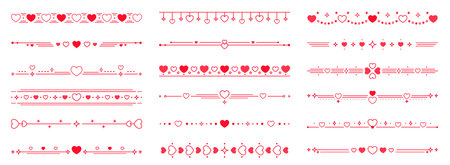 Heart dividers and borders for Valentines day decorations. Love holiday linear vector separator lines, romantic outline underline spacer. St Valentine day dividers or frame borders set with heartsのイラスト素材