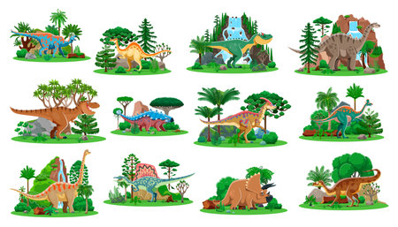 Prehistoric dinosaur characters in natural landscape with lush greenery and rocks. Cartoon vector species of ancient reptile creatures, Jurassic era animals in jungle forest with plants and waterfallsのイラスト素材