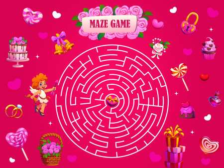 Valentines day holiday labyrinth maze game. Love holiday search path vector puzzle, find way maze worksheet. St Valentine day labyrinth kids quiz or riddle with cupid, flowers, desserts and giftsのイラスト素材