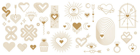 Boho valentine golden line icons, love wedding and celestial bohemian patterns. Mystic magic vector symbols, celestial Boho elegant icons with hearts, cupid arrows, arch, ring and linear patternsのイラスト素材