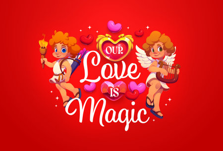 Our love is magic valentine day quote phrase. Cartoon vector romantic message, surrounded by hearts and cute cupids holding burning torch and playing harp on vibrant red background, exudes passionのイラスト素材
