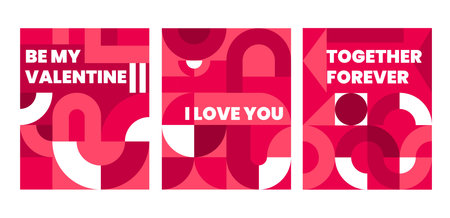 Valentines day holiday posters or greetings with geometric shapes pattern in shades of pink, red, white. Vector cards contains romantic messages like be my valentine, I love you, and together foreverのイラスト素材