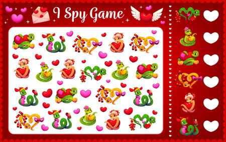 I spy game with Valentine hearts and lovely snakes. Love holiday counting vector kids game, St Valentine day object finding quiz worksheet. I spy puzzle or riddle with cute snakes cartoon charactersのイラスト素材
