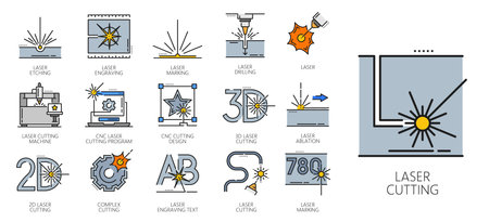 Laser cutting line icons of vector cut machines with beams. Metal and steel cutters outline symbols of metalwork industry equipment. Laser etching, engraving, marking, drilling and cnc cutting programのイラスト素材