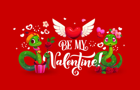 Be my valentine holiday greeting card. Vector charming banner featuring two green snakes in love, surrounded by hearts and flowers, highlighted by white elegant lettering quote symbolizing affectionのイラスト素材