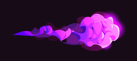 Cartoon magic purple smoke effect. Fantasy vfx explosion, game combat element, light burst, trail, dust, sparkle or comic boom attack. Isolated vector blast with magical fire, glowing energy cloud.のイラスト素材