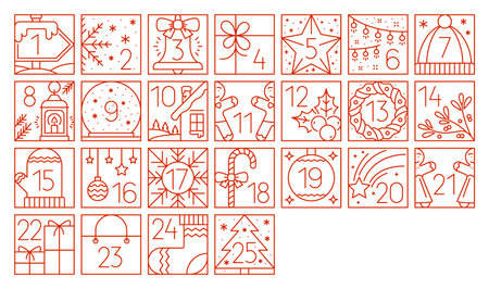 Christmas advent line vector calendar. Twenty five square festive icons such as snowflakes, wreath and bells, holly berry, stars, holiday gifts, mittens and pine tree. Traditional countdown calendarのイラスト素材