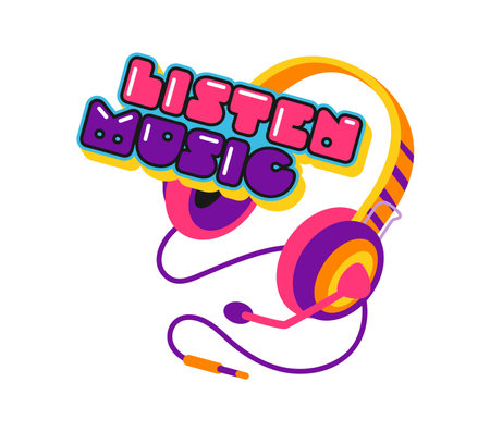 Listen music Y2K groovy sticker or label. Music festival sound funky label, musical art melody record Y2K retro vector tag. Radio audio patch or sticker with headphone headset and funky typographyのイラスト素材