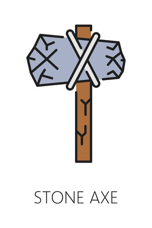 Museum and art gallery exhibition color line icon of stone axe, vector pictogram. Archeology museum...
