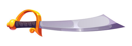 Pirate captain cartoon cutlass sword game icon. Buccaneer filibuster fantasy vector sabre, medieval sailor weapon dagger. Corsair bandit or warrior isolated sword with sharp blade and gold crossguardのイラスト素材