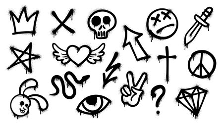 Grunge street art graffiti spray, ink paint vector icons set. Black urban culture elements. Snake, skull, crown and rabbit head, lightning bolt, question mark and winged heart. Eye, star and crossのイラスト素材