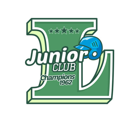 Varsity sport patch label, club emblem featuring green letter L with stars, text junior club champions 1962, and a blue protective helmet. Isolated vector retro badge for college athletic identityのイラスト素材