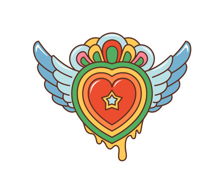 Cartoon vintage 70s groovy winged heart sticker or symbol. Cartoon isolated groovy sticker, 70s 80s hippie vector tag. Vintage funky label or patch with colorful heart, star and wingsのイラスト素材