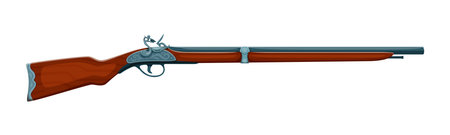 Cartoon corsair pirate bandit flintlock rifle weapon. Pirate skipper antique gunpowder isolated vector weapon, buccaneer or privateer sailor cartoon flintlock musket. Filibuster 18th century gunのイラスト素材