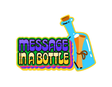 Pirate message in bottle vintage Y2K sticker or tag. Pirate marine Y2K patch, piracy and sailing retro vector sticker. Filibuster nautical tag with paper scroll letter inside corked bottleのイラスト素材