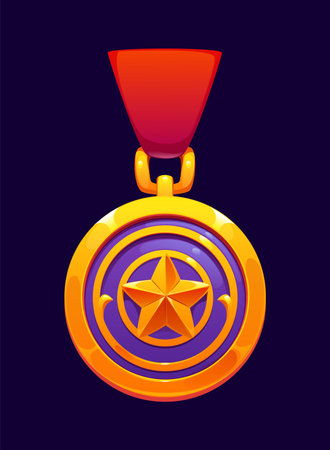 Game medal award icon with a star emblem, victory and achievement trophy, winner reward and achievement symbol. Cartoon vector golden rank badge. Military or fantasy game asset, prize or bonusのイラスト素材