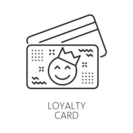Customer loyalty card exclusive benefit line icon or symbol. Special offer gift linear vector symbol, exclusive benefit reward sign. Loyalty program bonus icon with loyalty card, emoji happy faceのイラスト素材