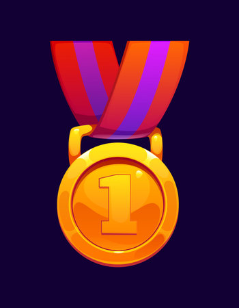 Game round golden medal award icon. Victory and achievement trophy marked with number one, supported by a thick ribbon in warm red and magenta colors. Vector golden medal for school and competitionのイラスト素材