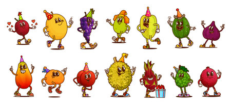 Groovy fruit characters in playful poses, party hats, expressive faces and fun outfits Cartoon vector set of fruits celebrating, joyfully dancing and rejoice, promoting festive and healthy livingのイラスト素材