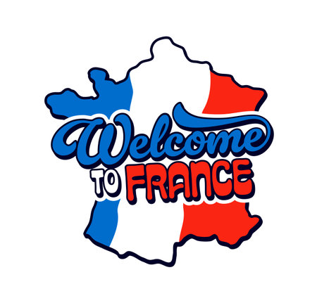 Welcome to France retro Y2K sticker or label. French tourism trip 60s vector tag, France travel souvenir Y2K patch. European nation flag colors sticker with France map and handwritten typographyのイラスト素材