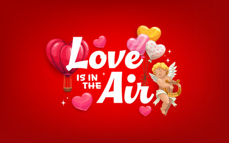 Love is in the air Valentines day quote greeting card. Love day vector poster, Saint Valentine celebration quote greeting card or flyer with cheerful cupid playing on harp, hot air balloon and heartsのイラスト素材