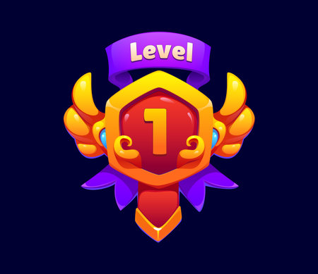 Level up one badge or rank shield with number one for gaming asset, cartoon vector icon. Level completed award badge with golden wings or laurel wreath and purple ribbon for game level GUI shieldのイラスト素材