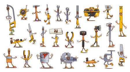 Groovy construction tools characters. Cartoon vector set of funny hand tools. Vintage hippie y2k comic smiling instrument personages for diy and carpentry workshop works posing with happy emotionsのイラスト素材