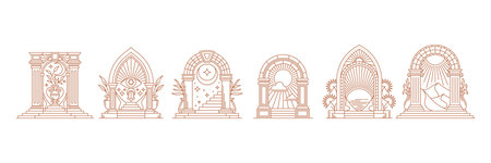 Boho arch gate icons of heaven castle door or mystic magic Bohemian doorway, vector line art. Boho arch or medieval castle door arc icons with magical celestial stars and sun for Bohemian tattooのイラスト素材