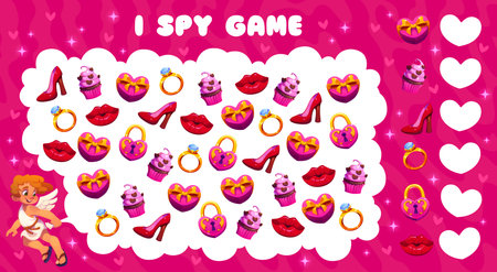 I spy game with Valentines Day gifts, hearts and sweets. Vector worksheet of Valentines love holiday puzzle quiz with cartoon Cupid character. Romantic gift box, chocolate cake and kiss I spy gameのイラスト素材