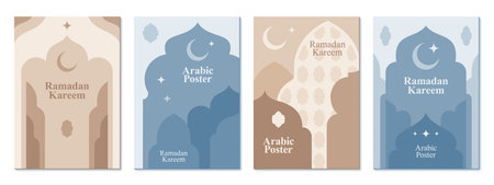 Muslim Ramadan Kareem posters with mosque shape pattern, Eid Mubarak islamic template. Vector islam lanterns, moon and stars, mosque and arches with arabian ornaments, Ramadan Kareem greeting postersのイラスト素材