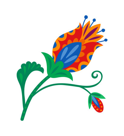 Mexican ethnic embroidery spring flower object with blue red and orange buds. Mexico ethnic colorful plant decoration, Hispanic flower vector object. Mexican folk floral decor or elementのイラスト素材