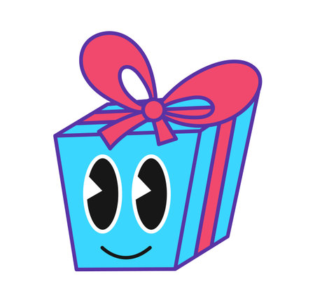 Vintage Y2K groovy holiday gift cute character sticker or funky patch. Funky cool vector sticker, vintage 90s tag. Y2K nostalgic patch or label with happy smiling present box funny personageのイラスト素材