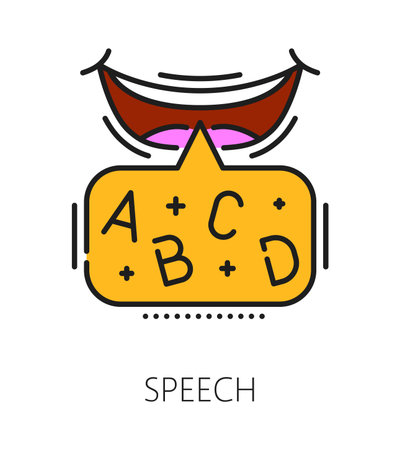 Kids speech and language cognitive ability color line icon or symbol. Child mental capability development vector icon, speech and language cognitive ability outline symbol with mouth telling lettersのイラスト素材