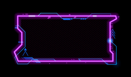 Violet neon game frame asset, hud interface overlay. Electronic UI menu vector frame, neon glow HUD design border. Digital interface overlay poster or futuristic led light user interface bannerのイラスト素材