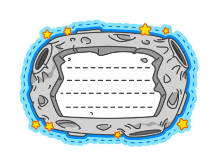 Space moon surface and sky kids memo note frame. Cosmos scrapbook kids memo note, blue sky diary vector frame. Universe to do list label or sticker with space planet, moon surface craters and starsのイラスト素材