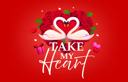 Take my heart Valentines Day holiday quote phrase, vector love card typography. Cartoon Valentine Day heart wreath of red rose flowers, white swan birds couple and gift box, Valentines quote sayingsのイラスト素材