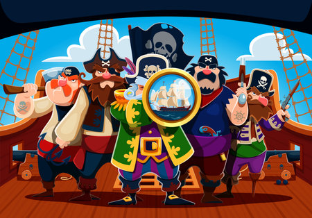 Cartoon pirate sailors and captain crew characters on the ship deck. Vector rover personages in classic corsair attire, holding weapons, black flag and a spyglass, suggesting a high seas adventureのイラスト素材
