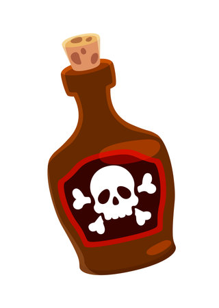 Cartoon corsair pirate poison bottle photo booth mask. Filibuster sailor kids photo booth prop, corsair carnival vector sticker. Pirate captain party mask with Jolly Roger skull on rum bottle labelのイラスト素材