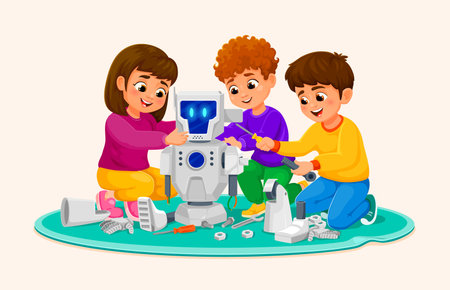 Kids constructioning or repairing robot from parts and tools, cartoon vector. Girl kid and young boys children assemble or repair robot or robotic bot and cyborg droid for futuristic invention studyのイラスト素材