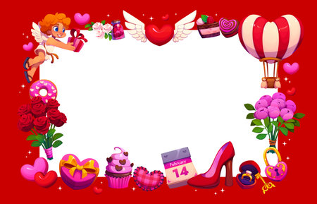 Valentines day holiday greeting card template. Cartoon vector rectangular love frame border with cherub holding gift box, winged heart, hot air balloon, roses, cupcake and woman shoe on red backgroundのイラスト素材