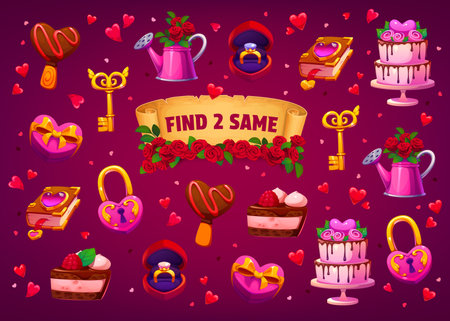 Find two same valentines day characters and objects. Vector educational kids game worksheet, riddle challenge with cartoon engagement ring, gift box, heart lock, chocolate cake, spell book and dessertのイラスト素材