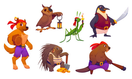 Cartoon animal pirate and corsair characters. Vector dog, owl, penguin, beaver, porcupine, and mantis, each holding swashbuckler accessories like lanterns, weapons, saber, torch, barrel or treasureのイラスト素材