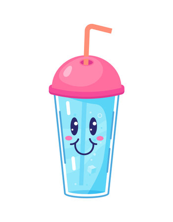 Cartoon clean water refreshing drink takeaway cup funny character. Cold natural drink cute personage, pure mineral water cup happy isolated vector character. Clean aqua beverage cheerful mascotのイラスト素材