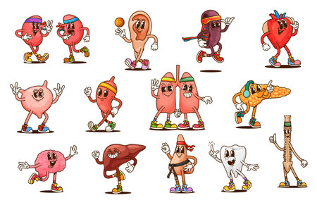 Cartoon groovy human body organ and part characters. Retro hippie anatomy and medicine vector personages of happy heart, brain, lungs and kidney. Funny groovy liver, tooth, spine and ear charactersのイラスト素材