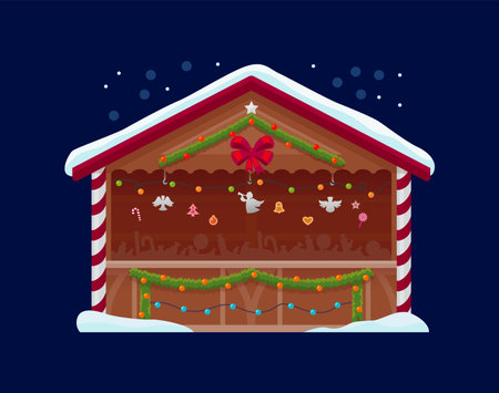 Christmas winter wooden market stall with holiday garlands and festive hanging decor. Cozy winter booth shop with candy cane columns and lights. Cartoon European fair stand for seasonal celebrationのイラスト素材