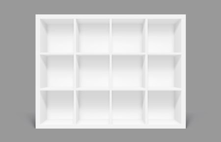 White empty bookshelf with a grid of twelve compartments. Realistic 3d vector mockup of minimalist and modern cabinet furniture for organization, storage or showcasing books and decorative itemsのイラスト素材