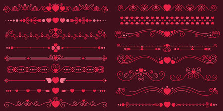 Valentines day love heart dividers and borders, frames and wedding ornaments feature hearts, swirls, arrows and decorative elements in shades of red and pink. Vector set of embellishments and trimsのイラスト素材