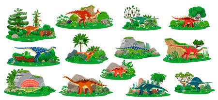 Prehistoric cartoon dinosaurs and Jurassic lizards with reptiles in jungle forest, vector set. Kids dino collection of giant lizards and prehistoric animals for encyclopedia or dinosaurs atlas bookのイラスト素材