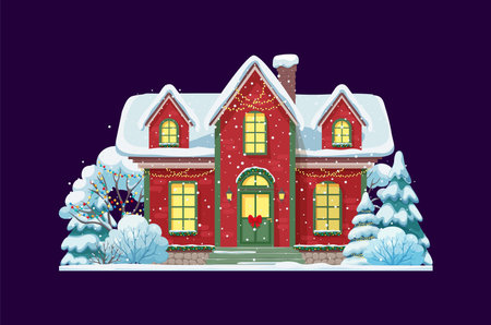 Christmas winter snowy village house building. Cartoon vector red brick snowy cottage with glowing windows and bright garlands. Cozy traditional holiday outdoor scene with snow covered spruce treesのイラスト素材